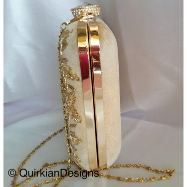 Beige Velvet Square Box Clutch With Intricate Floral Embroidery And Diamante Clasp, Wedding Clutch, Party Bag, Beaded Clutch